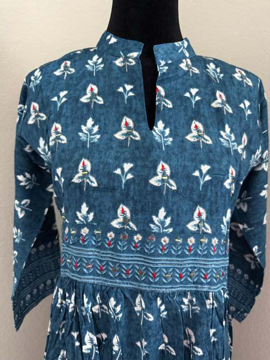 Blue Cotton Ankle-Length Dress for Women – 3/4 Sleeves | 4 Sizes ♡